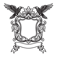 Fototapeta premium Vintage Heraldic Frame with Two Spreading raven bird and Ornate Baroque Scrollwork Engraving
