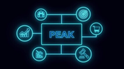 Neon Diagram Illustrating Business Peak With Icons For People Target Shopping Cart Gavel And Graphs concept
