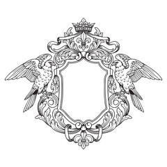Fototapeta premium Vintage Heraldic Frame with Two Spreading Eagles and Ornate Baroque Scrollwork Engraving