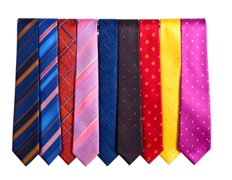 Nine colorful neckties displayed closely together against a black background