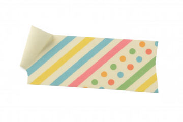 Washi tape with colorful diagonal stripes and polka dots, peeling paper creating a creative craft element on transparent background