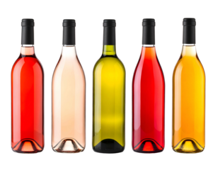 Five glass bottles with varied colors of alcoholic beverages on a solid black background