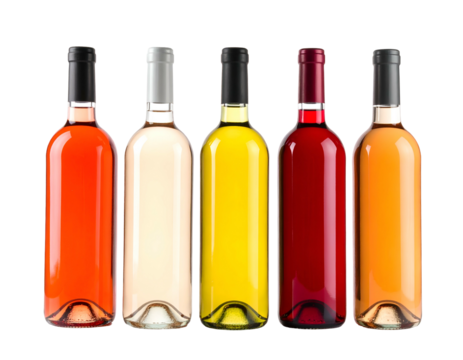 Array of glass bottles containing different colored liquids, presumably alcoholic beverages