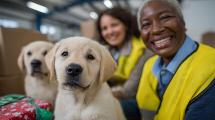 A group of shelter workers organizing donated food toys and blankets for rescued pets representing charity community support teamwork generosity and animal welfare. three