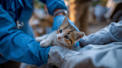 A veterinarian in protective gloves providing first aid treatment to an injured street cat emphasizing animal health medical care compassion rehabilitation and professional