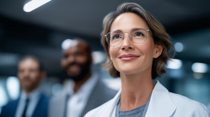 A diverse group of healthcare professionals working together in a nuclear medicine department symbolizing collaboration inclusivity innovation and advanced healthcare. three