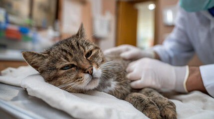 A veterinarian in protective gloves providing first aid treatment to an injured street cat emphasizing animal health medical care compassion rehabilitation and professional