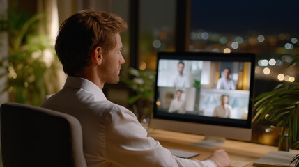 An office worker in a ghost costume sitting at a desk while joining a video call with remote colleagues displayed on a computer screen representing remote teamwork holiday