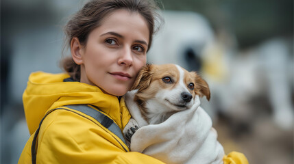 A professional animal rescuer carrying a small dog wrapped in a blanket during a natural disaster relief effort symbolizing emergency response heroism compassion and lifesaving