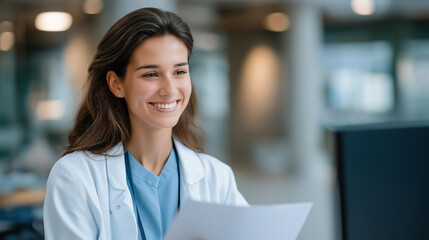 A smiling doctor explaining the results of a nuclear diagnostic scan to a patient in a hospital office emphasizing trust healthcare innovation compassion and peaceful nuclear