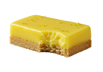 A photorealistic extreme macro shot of a perfectly crafted, bright yellow arrow-shaped lemon bar with a bite revealing creamy lemon curd, isolated on transparent background, gourmet dessert concept