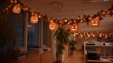 An office decorated with glowing pumpkins festive garlands and dim lights where employees are laughing and enjoying Halloween while balancing work tasks symbolizing teamwork