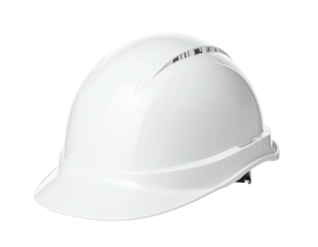 A glossy, white construction helmet is depicted, showcasing a protective design
