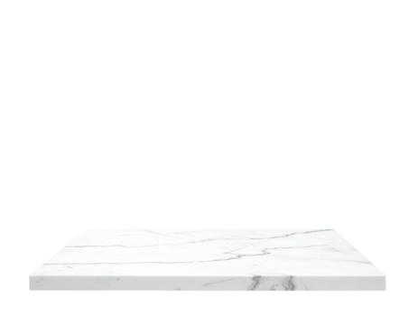 A square, marble-patterned countertop with subtle veining, floating on a black backdrop