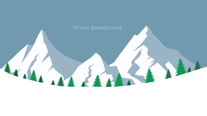 winter nature landscape background with snowy mountains, nature illustration in flat style