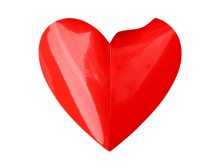 A glossy red heart shape, with a small section missing from the top right edge, against black