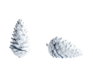 Two white, stylized pinecones rendered against a stark black background, creating a minimalist contrast
