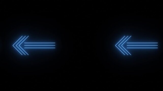 Neon glowing left-pointing arrows animation on black background.
