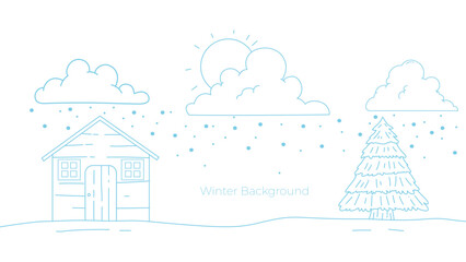 background illustration for winter with pine trees and houses, illustration in outline style