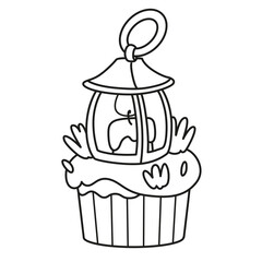 Biscuit cake with Halloween decorative lantern with a candle outline for coloring page on white background