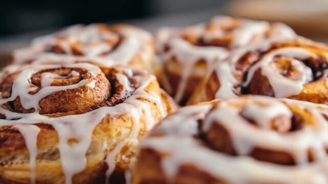 Freshly baked cinnamon rolls with white icing macro overhead shot