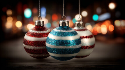 Fototapeta premium Three Christmas Ornaments with Red and Blue Glitter Stripes Hanging on a Cord in Front of Blurred Festive Lights Background for Holiday Decorations and Seasonal Celebrations