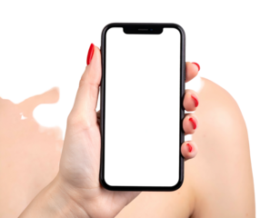A hand with red nails holds a smartphone with a blank white screen, on black background