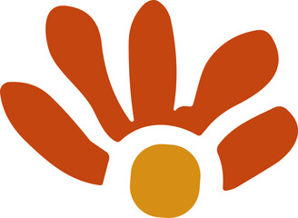 A retro-inspired abstract flower with curved orange petals and a golden yellow center in a bold flat minimalist style.