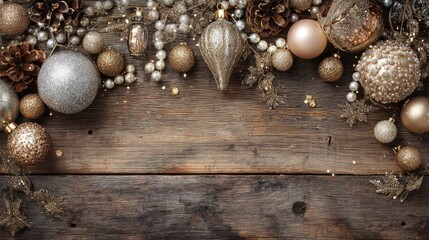 Obraz premium Elegant Christmas Ornaments and Decorative Items on Wooden Background in Gold and Silver Tones for Festive Celebrations and Holiday Preparations