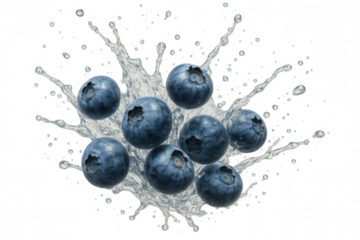 Blueberries creating a splash of fresh clean water, offering healthy fruit and antioxidant nutrition, transparent background