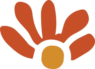 A retro-inspired abstract flower with curved orange petals and a golden yellow center in a bold flat minimalist style.