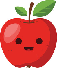 Cute kawaii red apple character with smiling face and green leaves simple graphic design elements isolated on transparent background