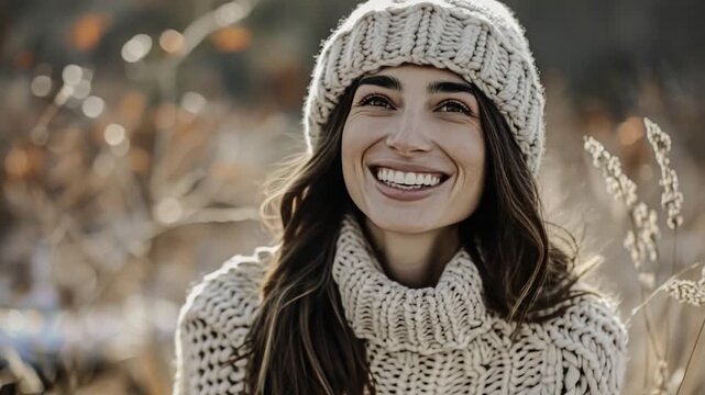 A smiling woman wearing a warm knitted sweater and matching hat, perfect for cold winter scenes or outdoor activities