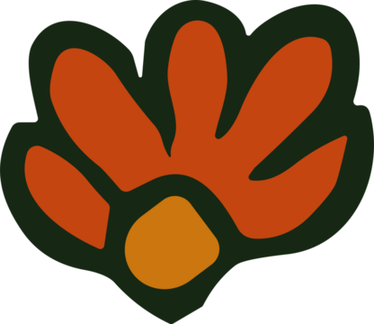 A stylized retro flower with bold orange petals, a golden yellow center, and a dark green outline in a flat minimalist design.