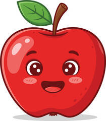 Cute kawaii red apple character with happy smiling face and green leaf on stem isolated on transparent background