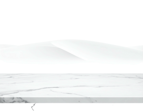 Minimalist white marble countertop with blurred mountain range backdrop