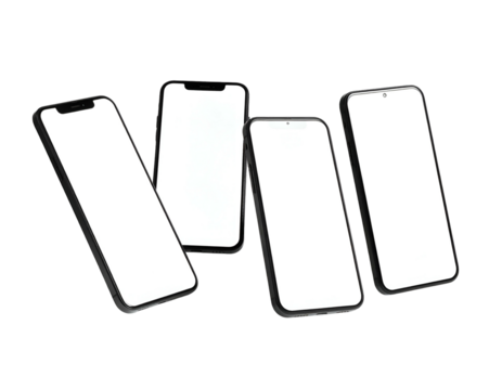 Four smartphones with white screens arranged against a black background