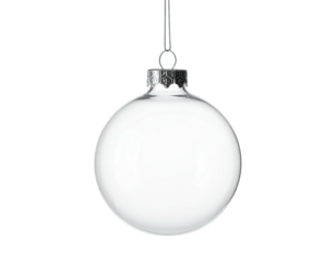 A clear, spherical glass ornament, silver cap, suspended against black background