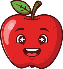 Cute red apple character with happy smile and sparkling eyes adorable fruit illustration isolated on transparent background