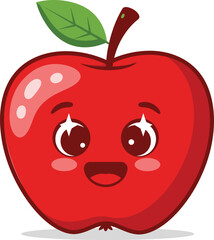 Cute red apple character smiling with big eyes and green leaf stem isolated on transparent background