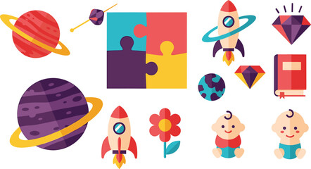 Space and Baby Themed Icons Including Planets Rockets Puzzles and Gems satellite