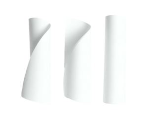 Three white, stylized, curled cylinders stand against a black backdrop in a graphic design