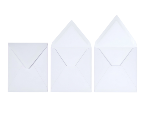 Three white envelopes, displayed from smallest to largest, against a stark black background