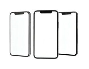 Three modern mobile devices with blank screens displayed against a black background