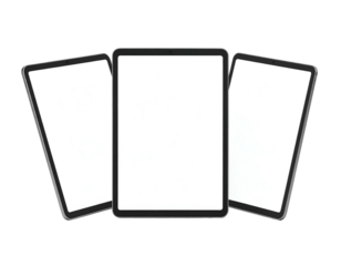 Three digital tablets in a semi-circle, showing blank white screens. Perfect for UI mockups