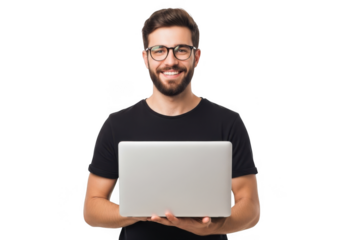 Smiling man holding a laptop computer isolated on transparent background