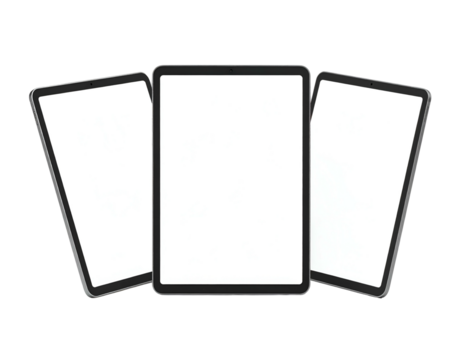 Three digital tablets in a semi-circle, showing blank white screens. Perfect for UI mockups - Powered by Adobe
