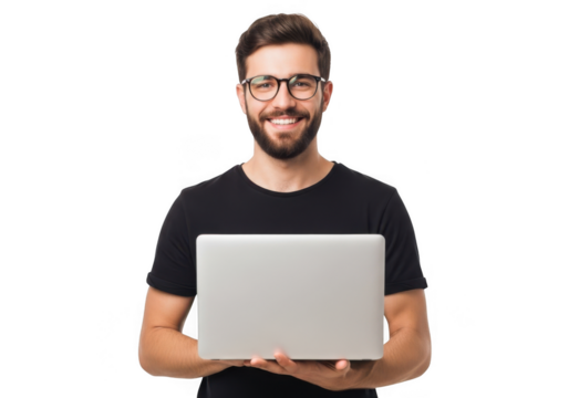 Smiling man holding a laptop computer isolated on transparent background - Powered by Adobe