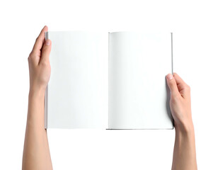Two hands presenting an open blank book on a black background, isolated view