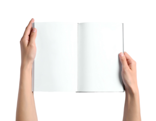Two hands presenting an open blank book on a black background, isolated view